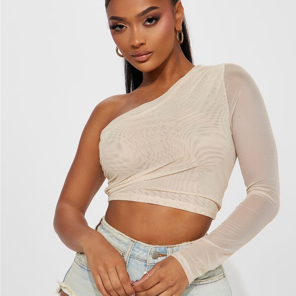 Fashion Nova Tops - Fashion Nova| Tan Mesh One Shoulder Crop Top